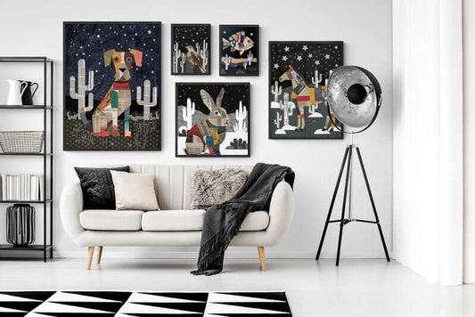 This collection of collage art showcases colorful depictions of various animals under a starry sky, blending modern and folk art elements.