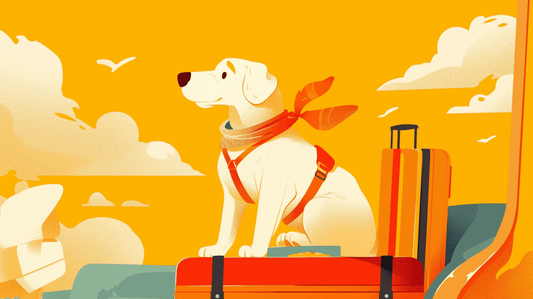 Dog with a scarf sitting on luggage in a bright setting, ready for travel journeys and adventures with pet owners.