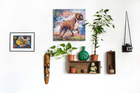 Boxer dog watercolor painting featured on a gallery wall, surrounded by eclectic decor in a stylish living space.