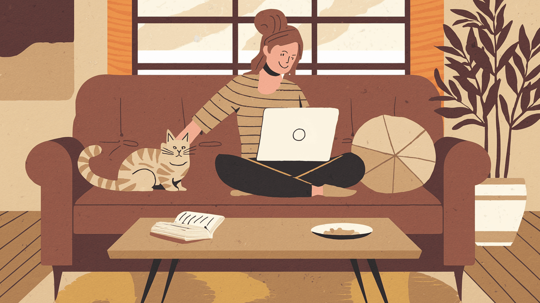 An illustration style image of a woman with a laptop, sitting on a couch and petting a cat. There's a coffee table in front of the couch, with a book and a plate