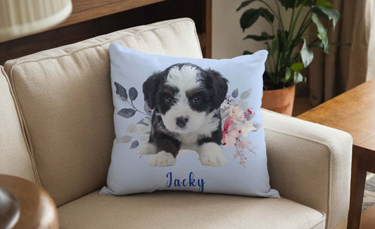 The pillow showcases a stunning, lifelike portrait of the dog, perfectly capturing the pet's cheerful expression and detailed features.