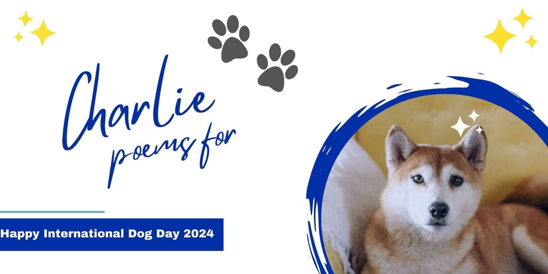 Happy International Dog Day 2024 graphic featuring a poem for dogs with an image of a Shiba Inu.