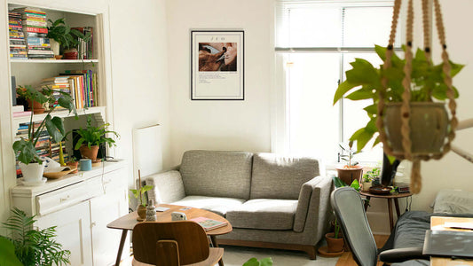 cozy living room with a grey sofa, bookshelves, and plants, perfect for cat moms who enjoy personalized home decor gifts