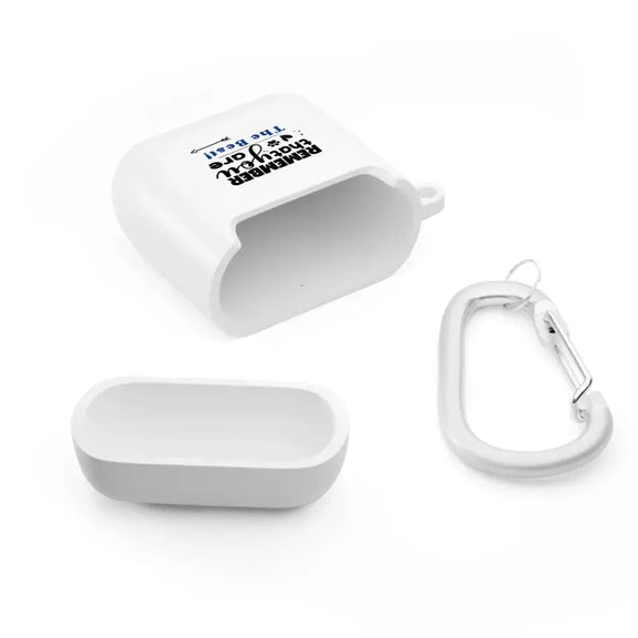 White custom AirPods case with pet face design and metal carabiner attachment, showcasing unique personalization options.