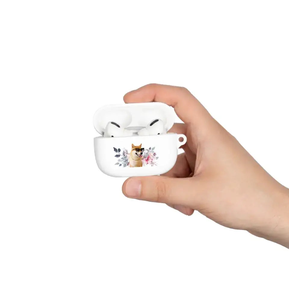 Hand holding custom AirPods Pro case with pet photo and floral design, showcasing personalized pet tribute accessory.