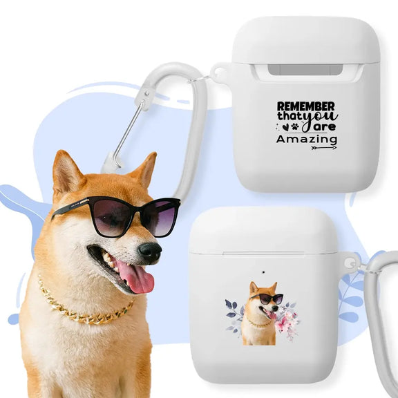 Custom AirPods Pro case with a pet photo of a dog wearing sunglasses, featuring a floral design and inspirational text.