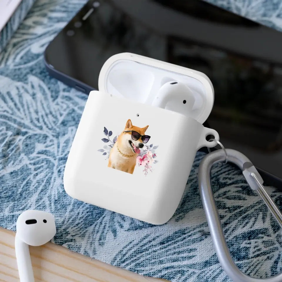 Custom AirPods Pro case with pet photo, featuring dog with sunglasses and flowers, personalized design by Meraki Pet.