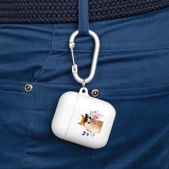 Custom AirPods Pro case with pet photo attached to trousers, featuring a dog with floral design from Meraki Pet.