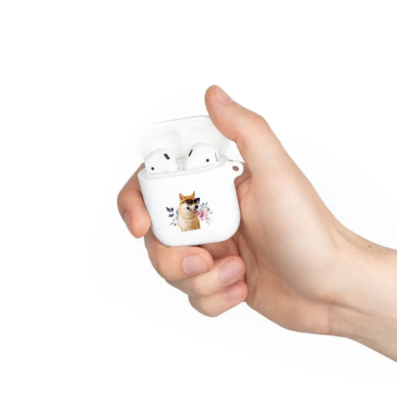 Hand holding custom AirPods Pro case with pet photo and floral design.