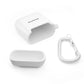 White custom AirPods Pro case with carabiner clip attachment shown open, showcasing design flexibility for personalization.