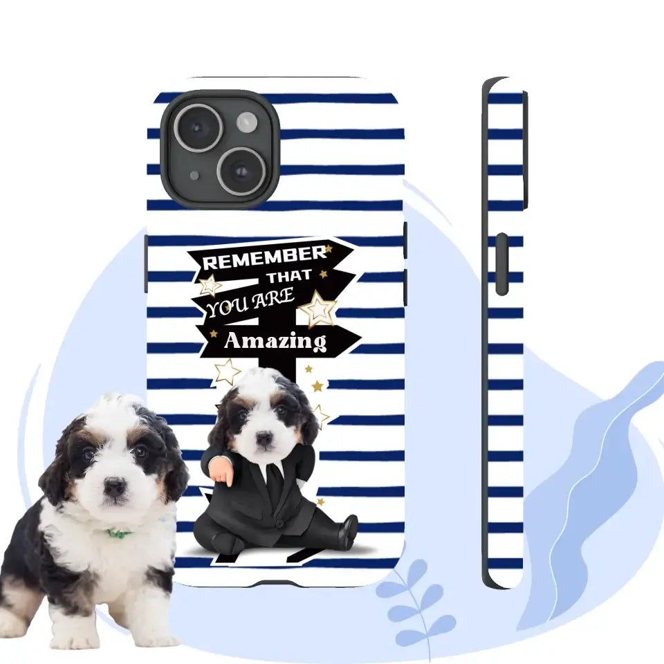 Custom iPhone case with a puppy in a suit and motivational text, perfect for pet lovers seeking durability and positive energy.