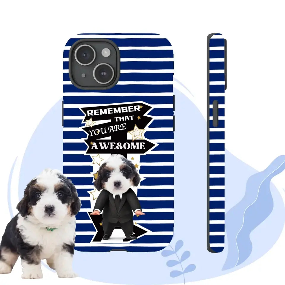 Custom iPhone Boss Tough Case with motivational pet design, featuring a cute dog in a suit on a striped background.