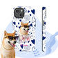 Personalized iPhone case with pet portrait and floral design, featuring a sunglasses-wearing dog with hearts and spirals background.