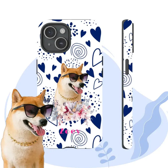 Personalized iPhone case with pet portrait and floral design, featuring a sunglasses-wearing dog with hearts and spirals background.