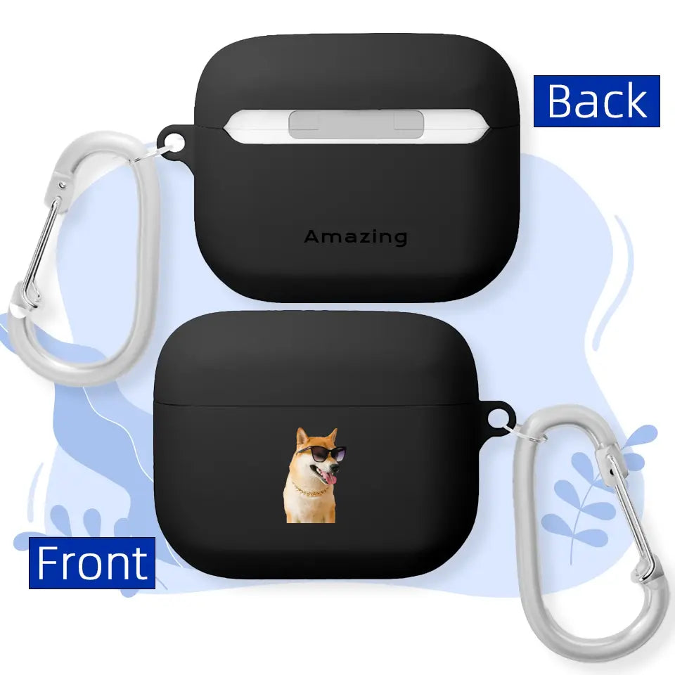 Custom AirPods Pro case with a pet photo, featuring a stylish dog wearing sunglasses on a sleek black case with a clip.