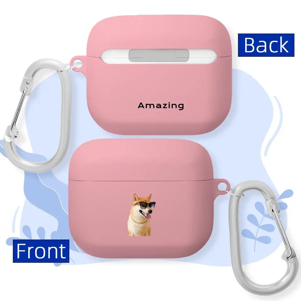 Pink custom AirPods Pro case with pet photo on front, carabiner attached, back labeled "Amazing"