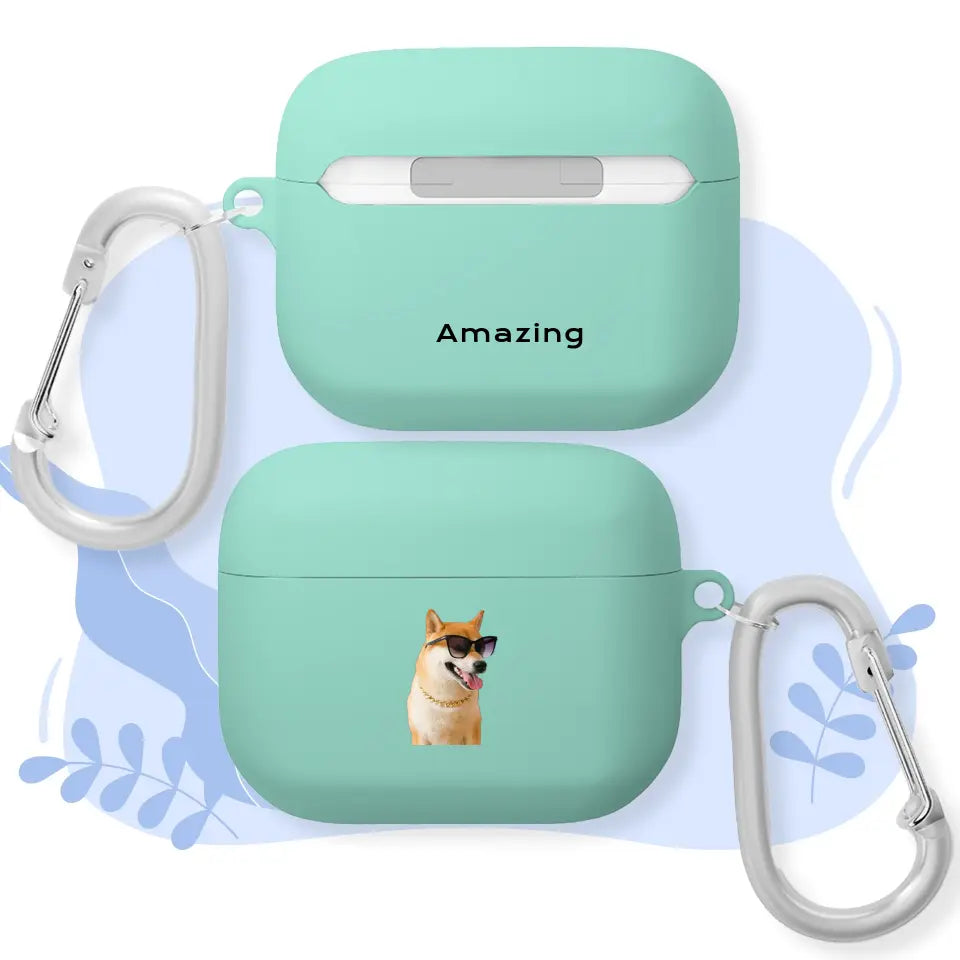 Custom green AirPods Pro case with pet photo design, featuring a cute dog wearing sunglasses.