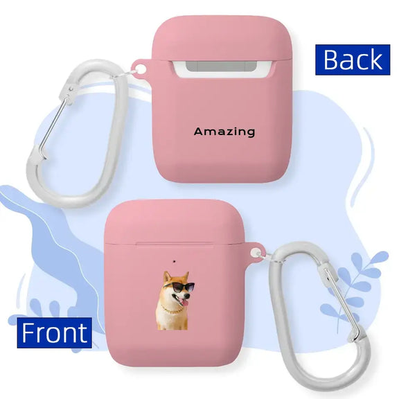 Pink custom AirPods Pro case with pet photo on front and "Amazing" text on back, featuring carabiner clip.