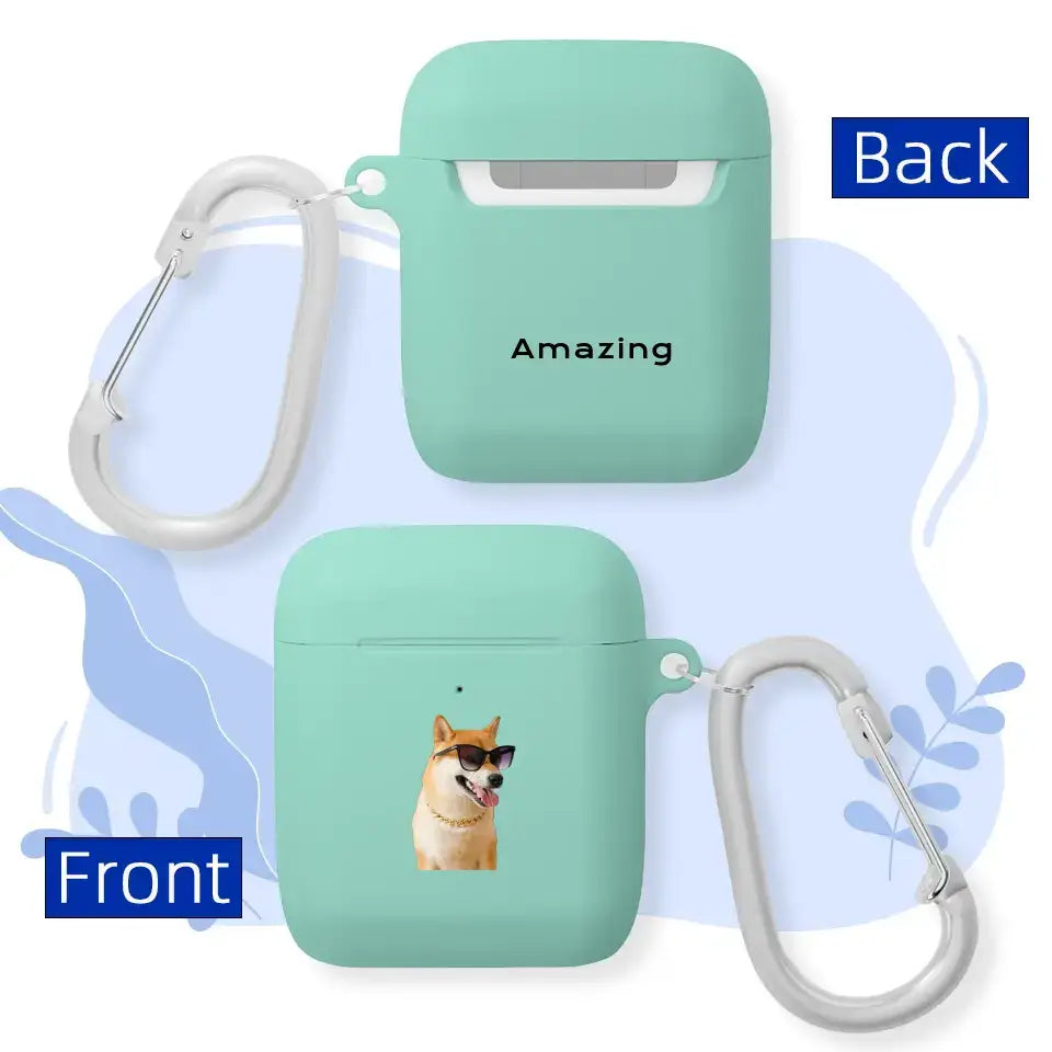 Custom AirPods Pro case with a pet photo of a dog in sunglasses, mint green color, front and back view with carabiner.