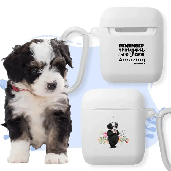 Custom AirPods case with pet face design featuring a cute puppy, inspirational text, and flower illustration.