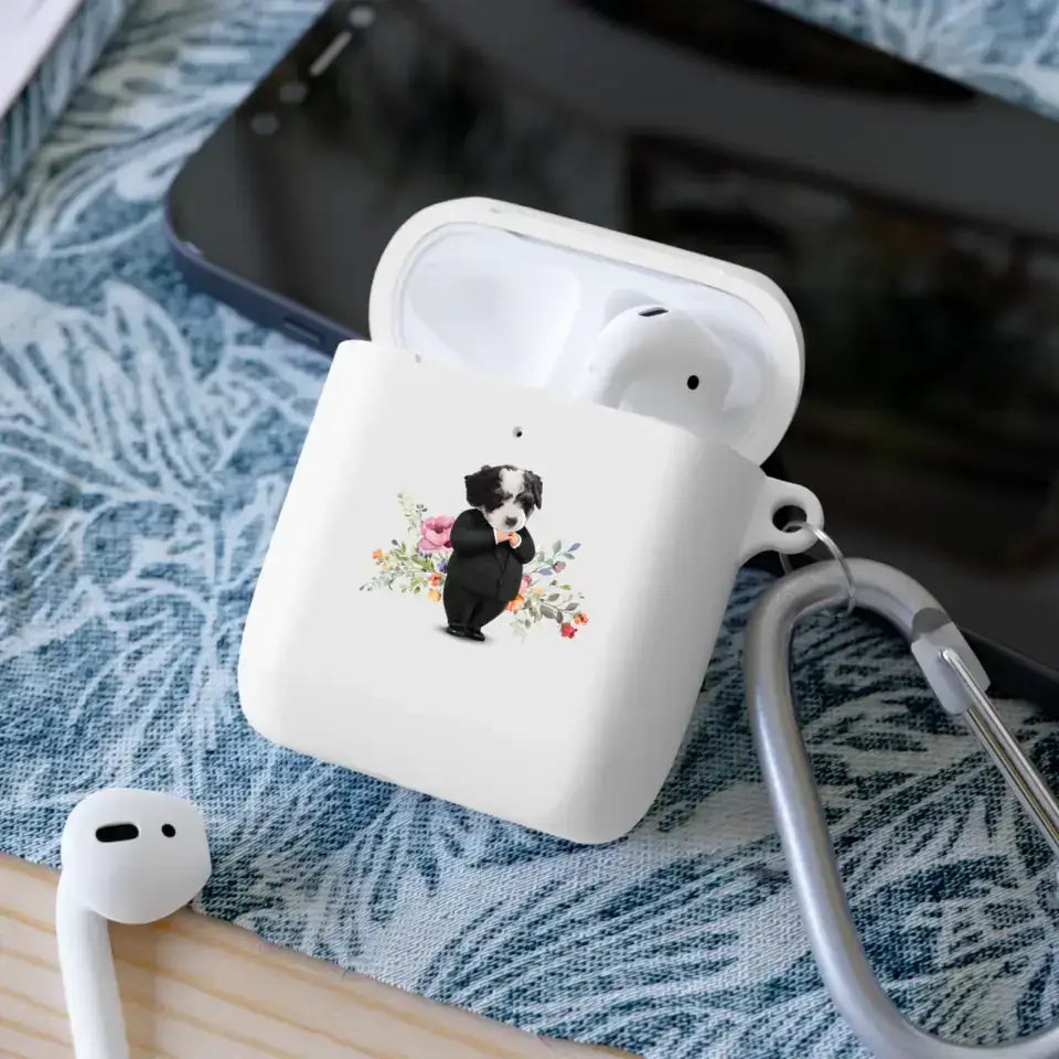 Custom AirPods case with cartoon pet face design, on blue pattern background.