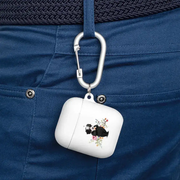 Custom AirPods case with pet face design attached to a belt, showcasing a unique and personalized accessory for pet lovers.