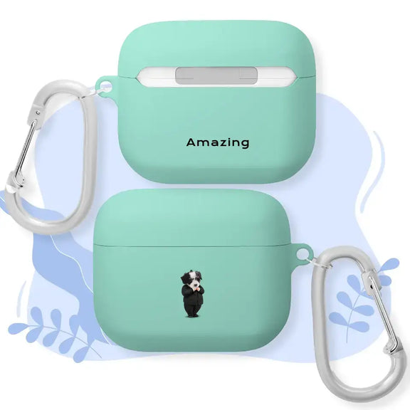 Custom mint green AirPods case with cartoon pet face and "Amazing" text, featuring a white clip on a blue abstract background.