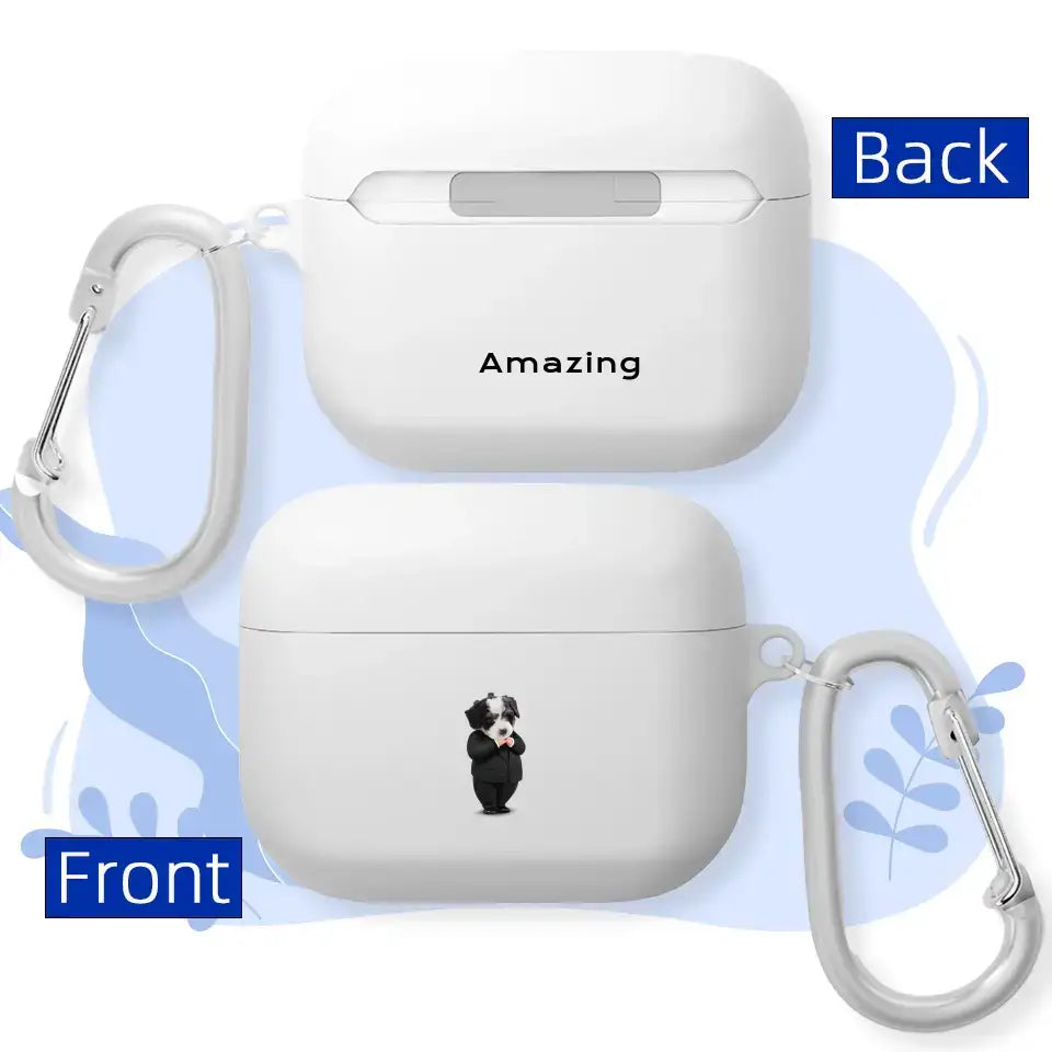 Custom AirPods case with pet face cartoon design and 'Amazing' text on white background with keychain attachment.