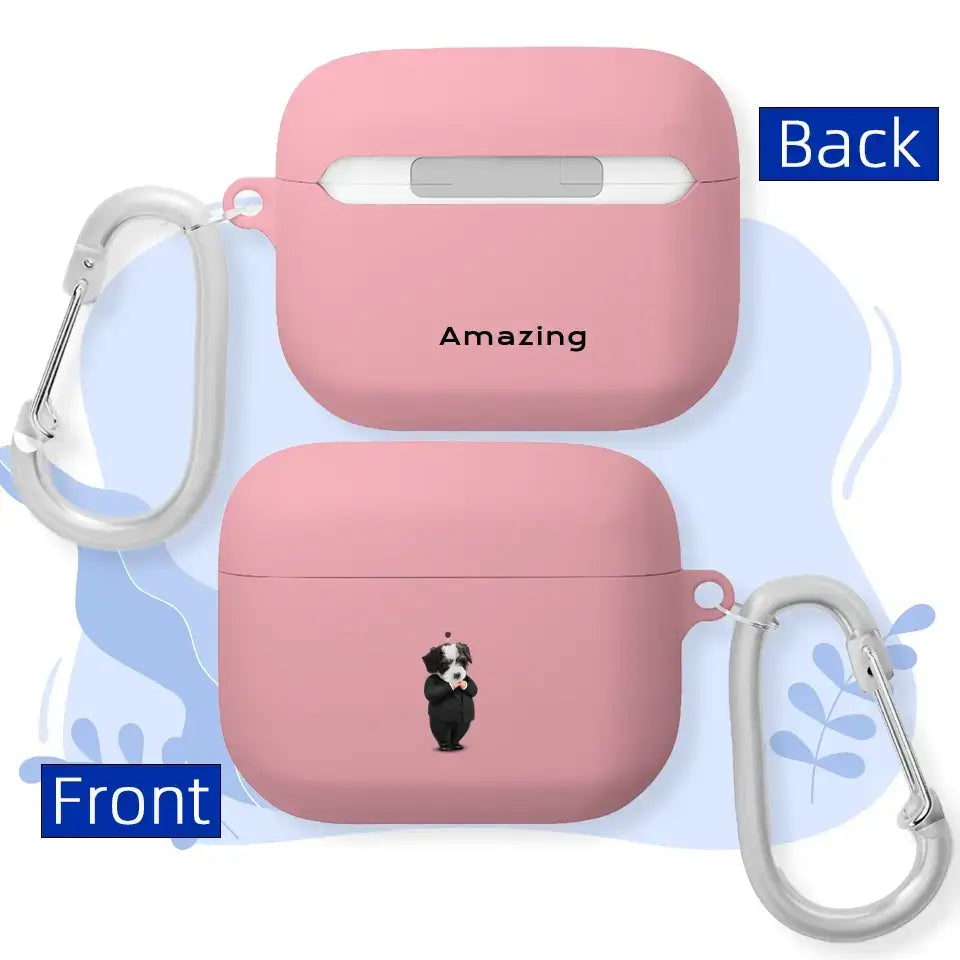 Custom pink AirPods case with pet cartoon design and carabiner, front shows pet image, back says "Amazing".