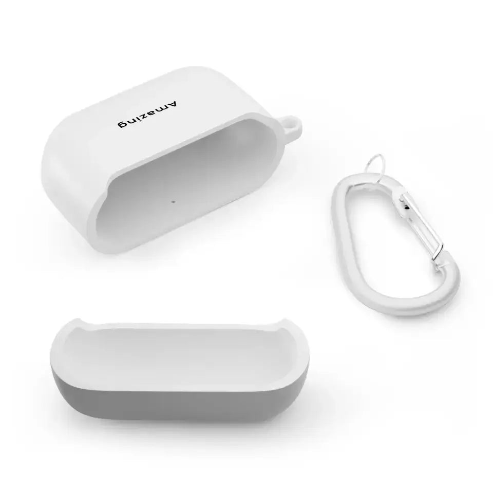 Custom white AirPods case with detachable cover and carabiner clip.