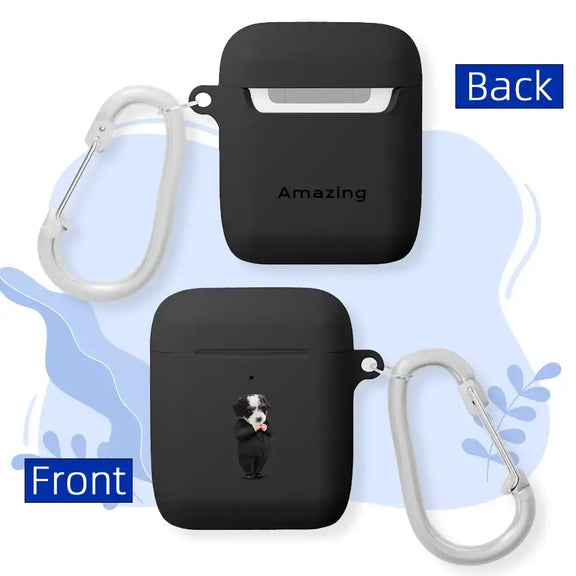 Custom black AirPods case with pet cartoon design and carabiner clip, front and back view.