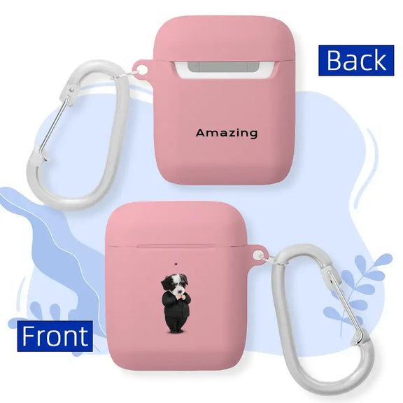 Pink custom AirPods case with cartoon pet face and text "Amazing" on the back, featuring a secure carabiner clip.