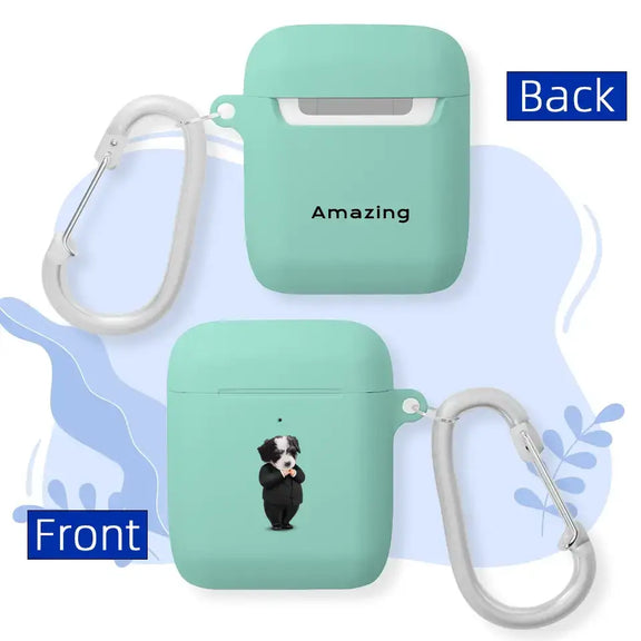 Custom mint green AirPods case with pet face cartoon design and 'Amazing' text, featuring secure carabiner clip.