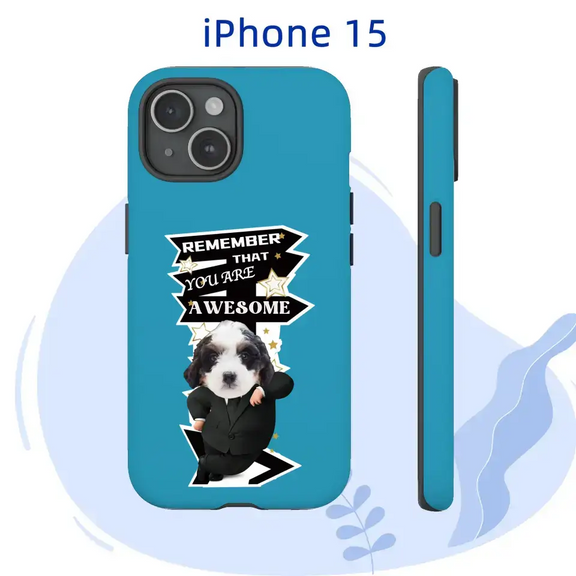 Custom iPhone Boss Tough Case with a cute pet in a suit and motivational message, designed for durability and positivity.