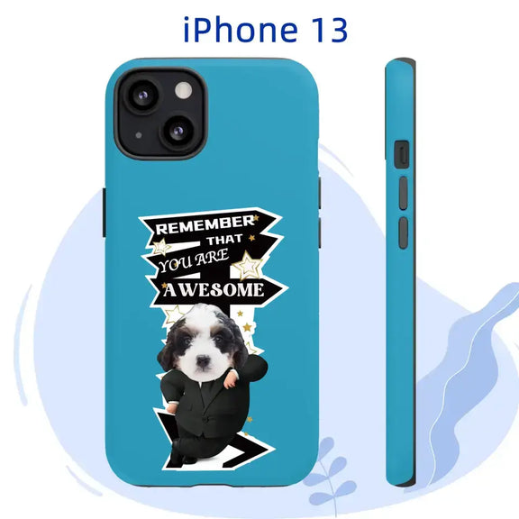 Custom iPhone 13 case featuring pet as boss with motivational quote for Meraki Pet brand.