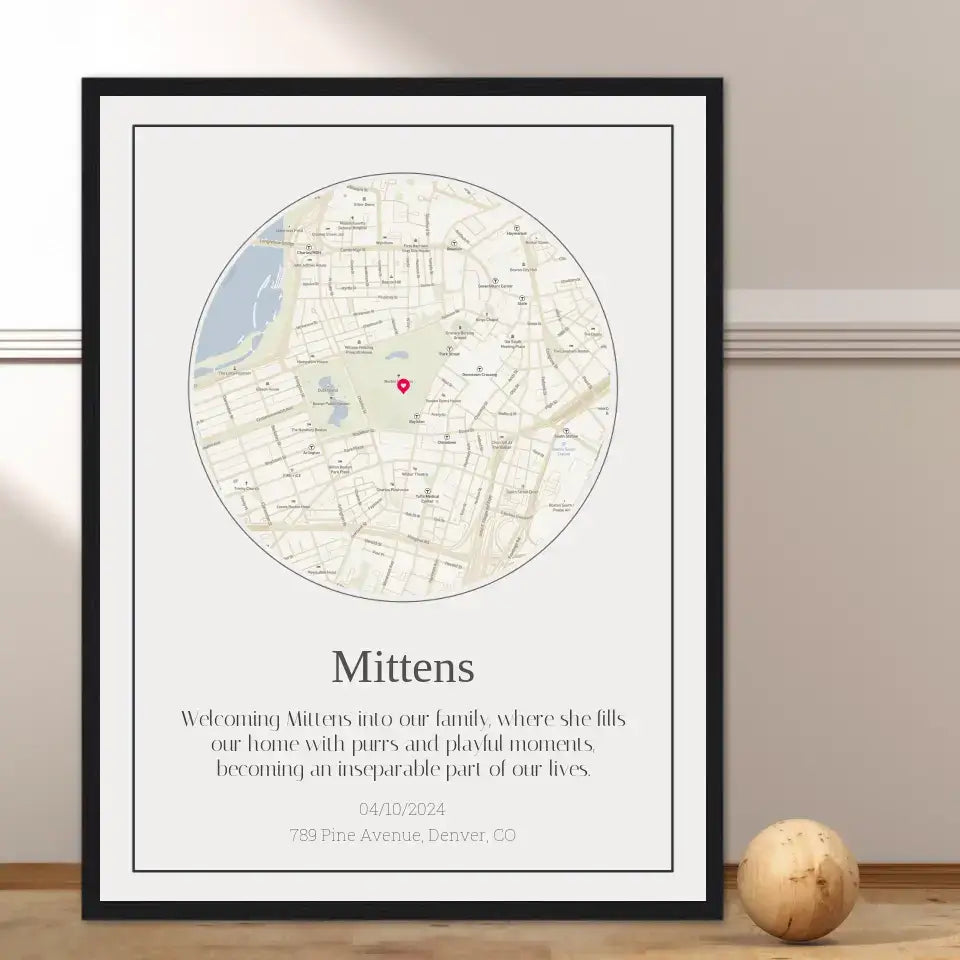 Custom cat journey map print with location details and Mittens' home adventures, perfect gift for cat lovers.