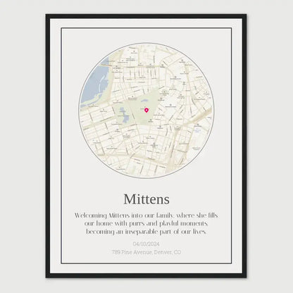 Custom cat journey map print featuring a map with a heart symbol, personalized for Mittens, highlighting special memories.