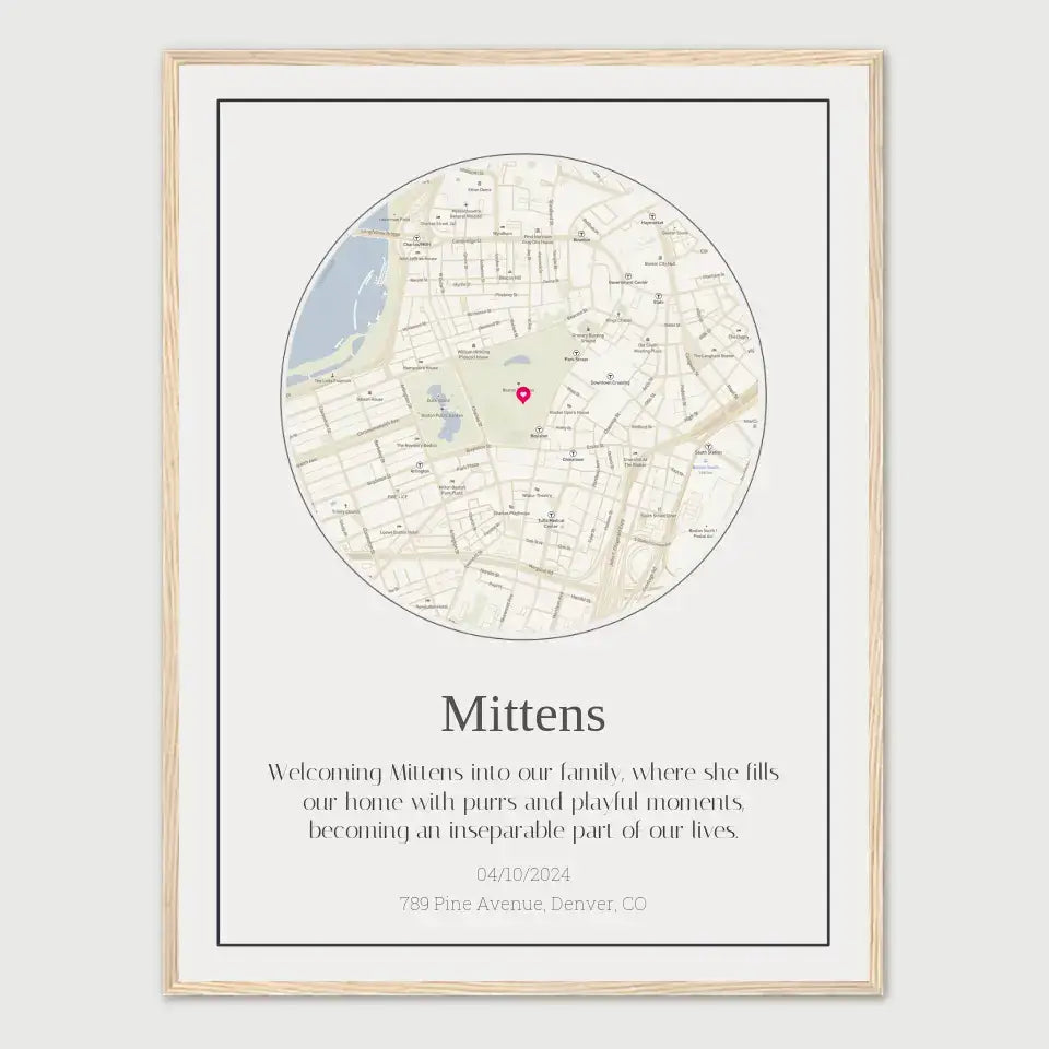 Custom cat journey map print with location and personalized note for Mittens, framed and ready for cat lovers.