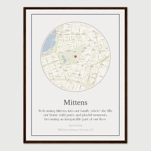 Custom cat journey map print featuring a map with a heart icon and personalized message for devoted cat parents.