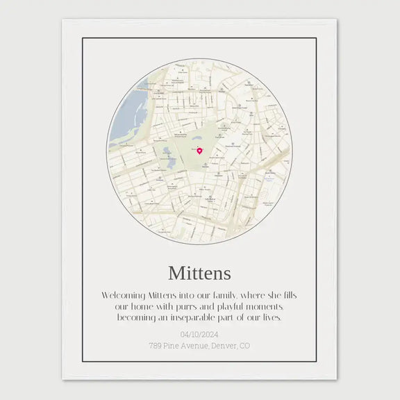 Custom cat journey map print featuring a map with location pin, personalized with cat's name Mittens and adoption details.