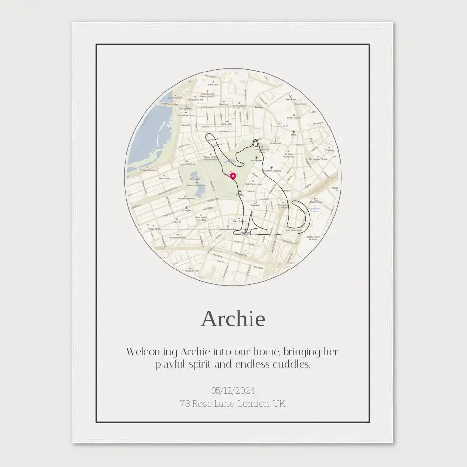 Custom Cat Memorial Map featuring a personalized street map with a cat illustration and tribute text for a beloved pet named Archie.