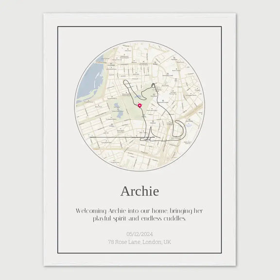 Custom Cat Memorial Map featuring a personalized street map with a cat illustration and tribute text for a beloved pet named Archie.