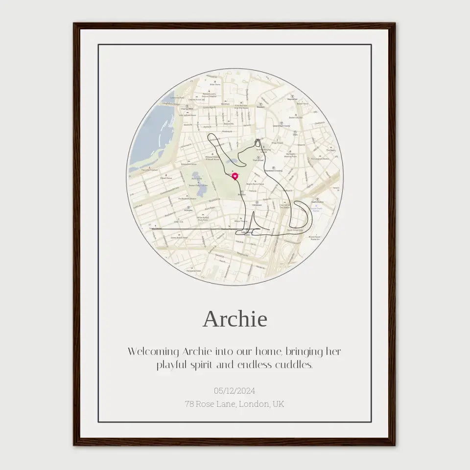 Custom cat memorial map with personalized location tribute for Archie, featuring a unique map design and cat illustration.