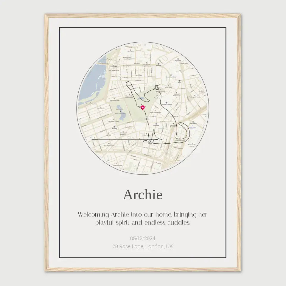 Custom Cat Memorial Street Map with personalized tribute for a beloved feline named Archie, featuring a unique map design.