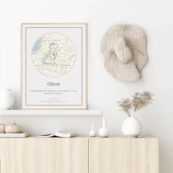 Personalized dog memorial street map on display in a modern living room setting.