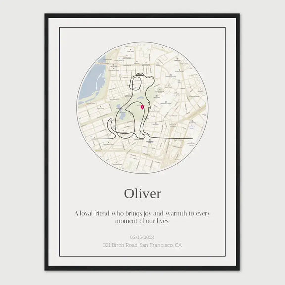 Personalized Dog Memorial Street Map with Custom Line Art and Location