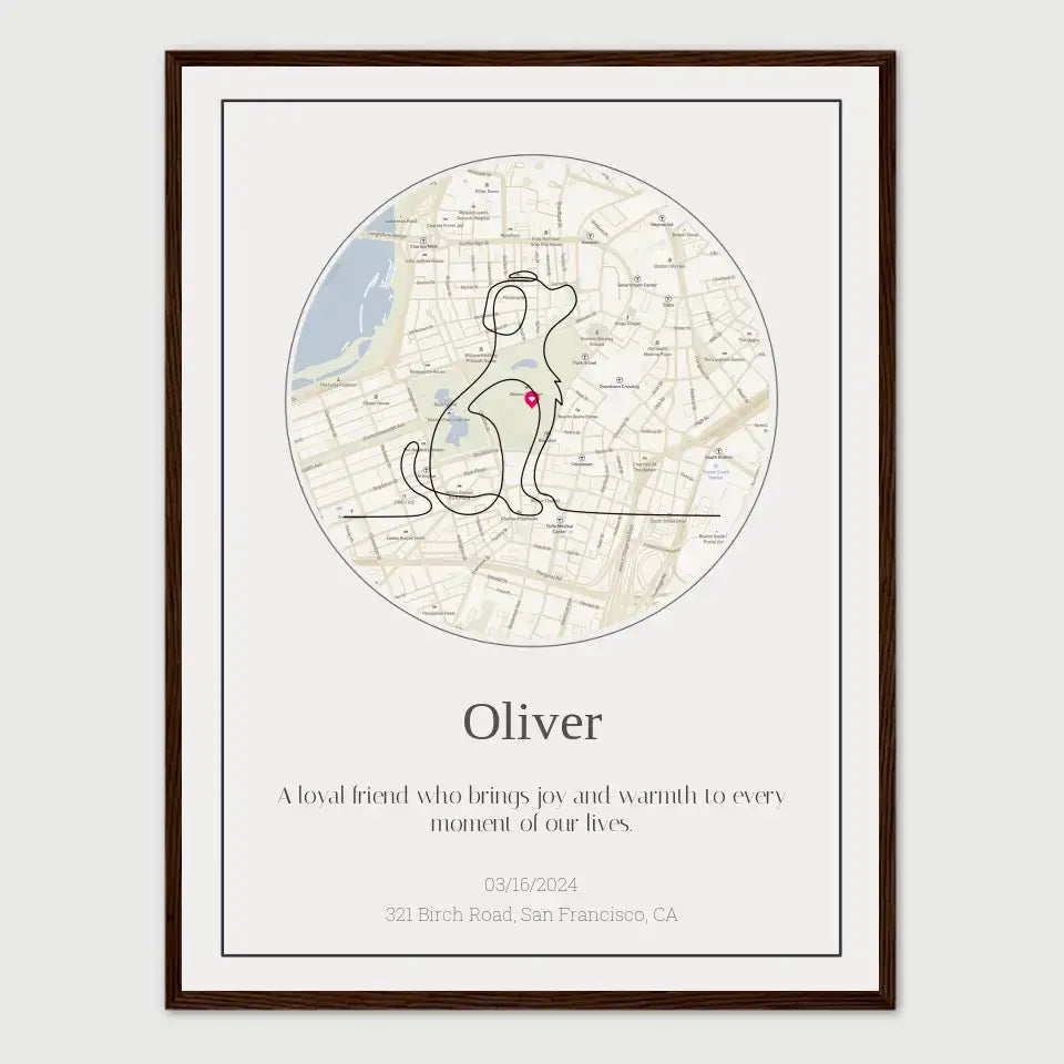 Personalized dog memorial map print with custom line art of a dog over a street map, featuring text for a beloved pet named Oliver.