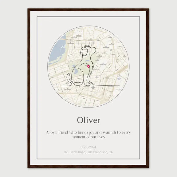 Personalized dog memorial map print with custom line art of a dog over a street map, featuring text for a beloved pet named Oliver.