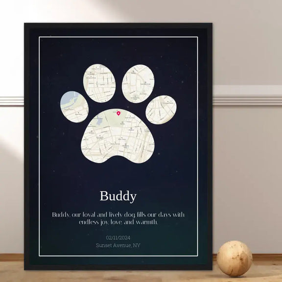 Custom Paw Print Map Poster with Pet Name and Street Map Design in Frame