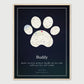 Custom paw print map poster featuring a street map design personalized for a pet named Buddy, with location and joining date.